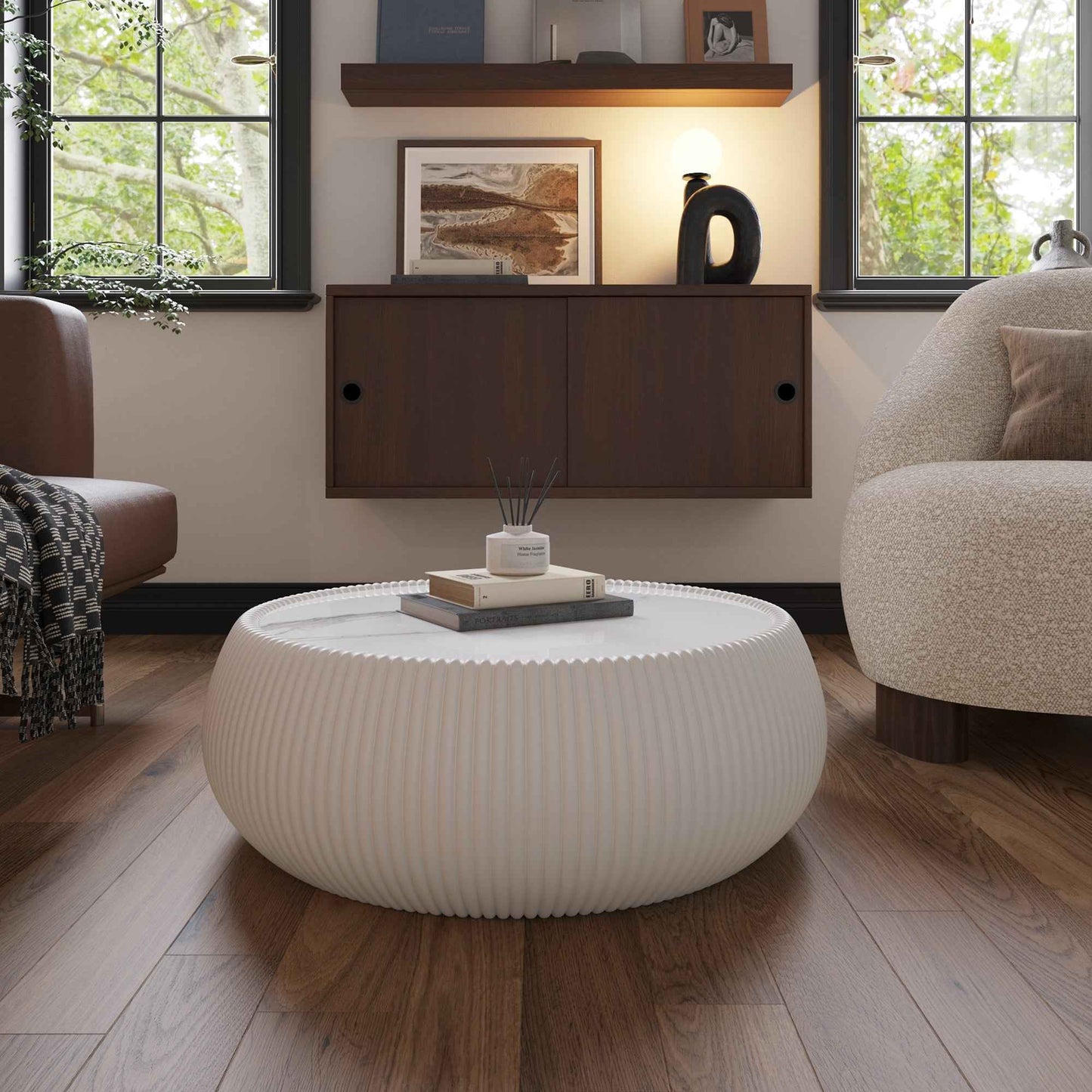 Cream White Drum Coffee Table with Sintered Stone Top & PU Leather Base – Modern Living Room Table