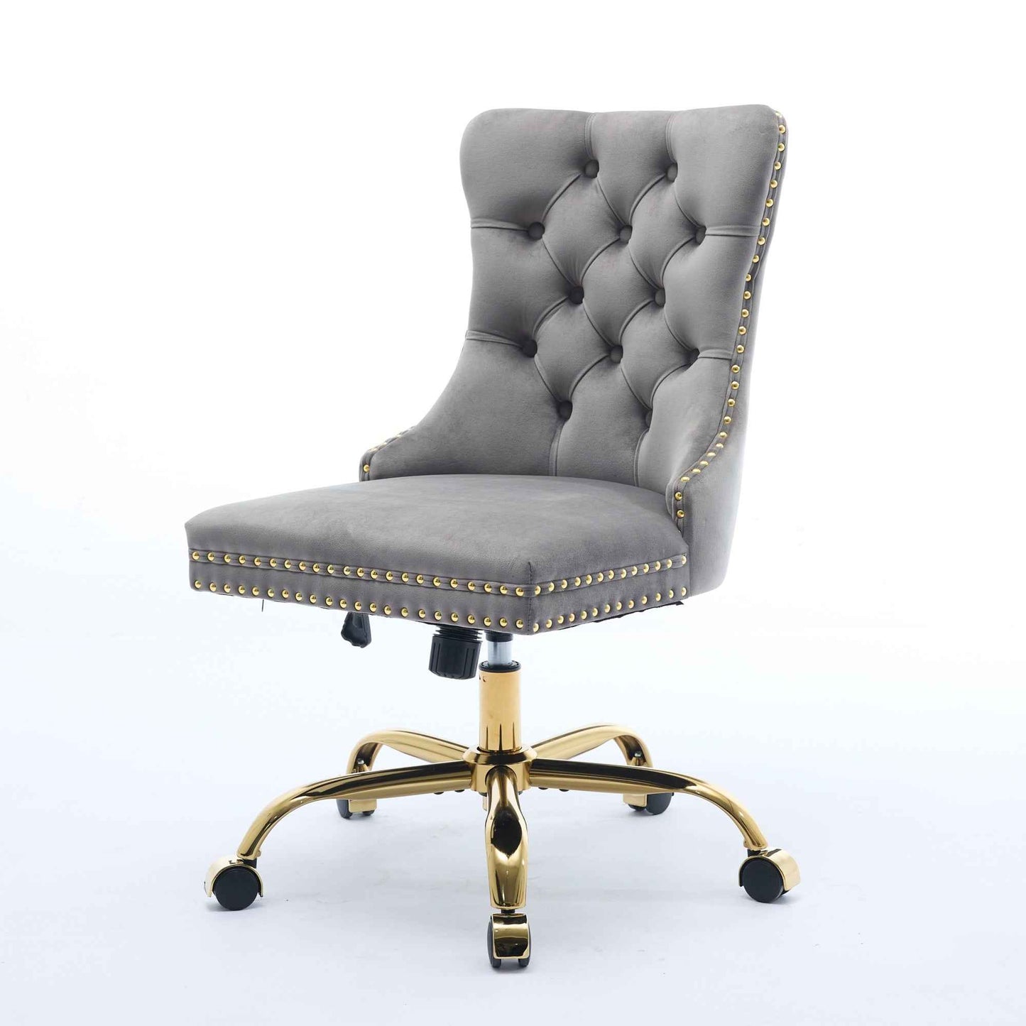 Gray Velvet Tufted Office Chair – Modern Upholstered Swivel Desk Chair with Gold Metal Base (Deliver to United States Only)