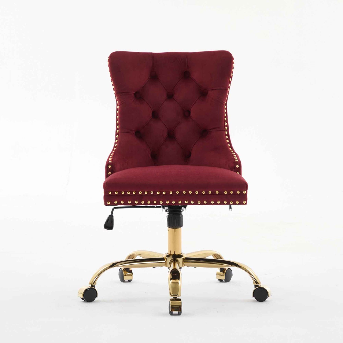 Wine Red Velvet Tufted Office Chair – Upholstered Swivel Desk Chair with Gold Metal Base (Deliver to United States Only)