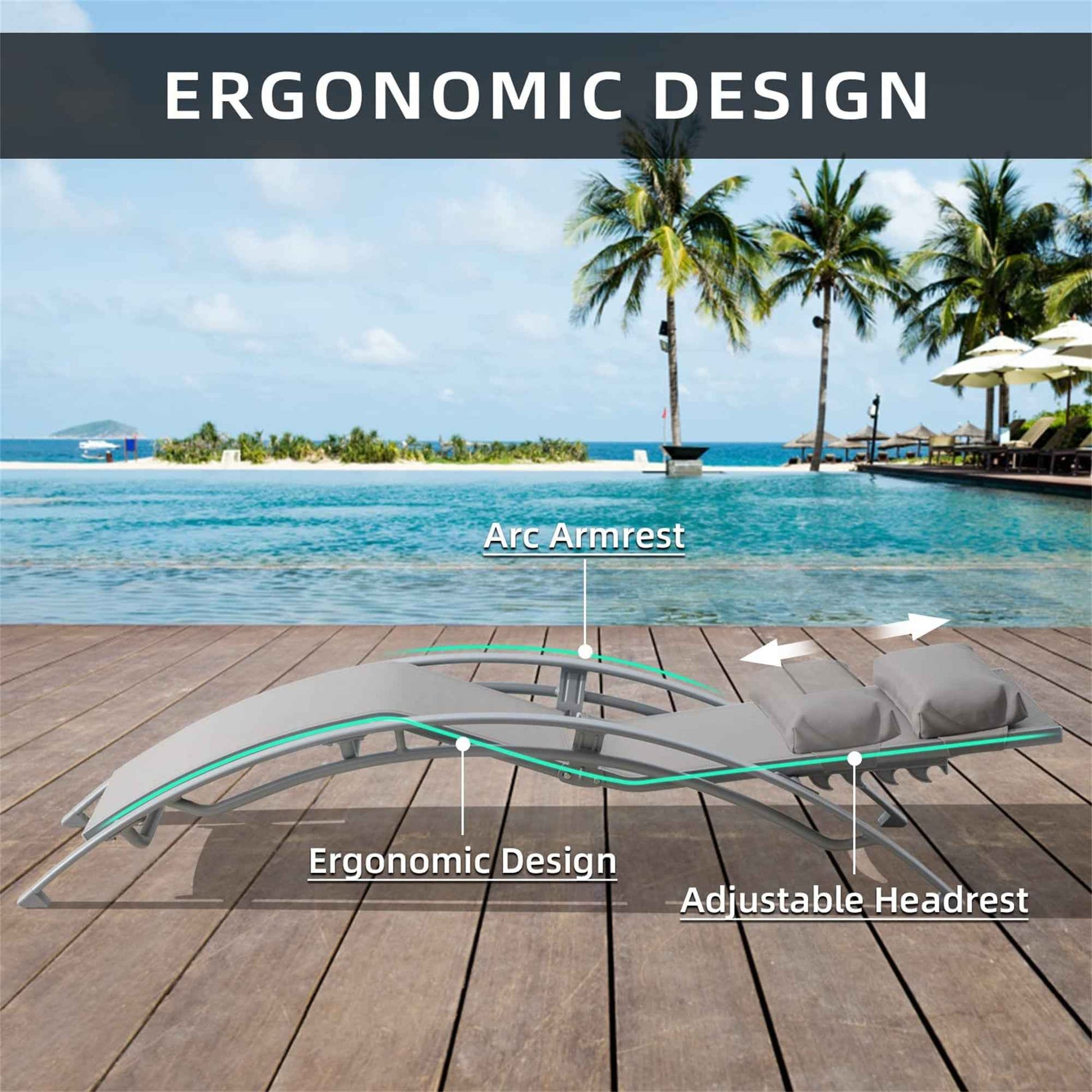 Pool Lounge Chairs Set of 3 – 2 Adjustable Aluminum Chaise Loungers with Side Table, Gray Outdoor Patio Furniture (Deliver to United States Only)