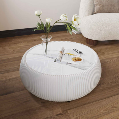 Cream White Drum Coffee Table with Sintered Stone Top & PU Leather Base – Modern Living Room Table