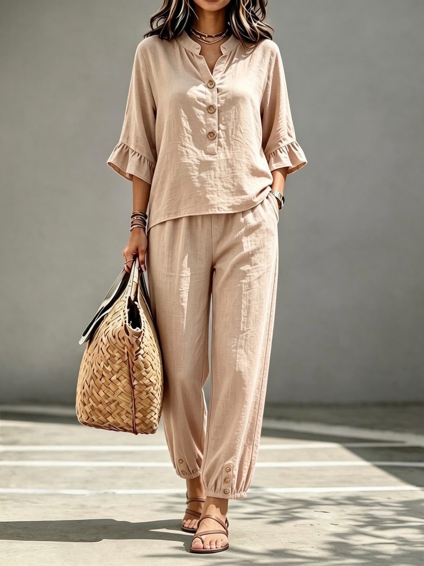 Women’s 2-Piece Casual V-Neck Top & Cropped Wide-Leg Pants Set – Retro Office Outfit