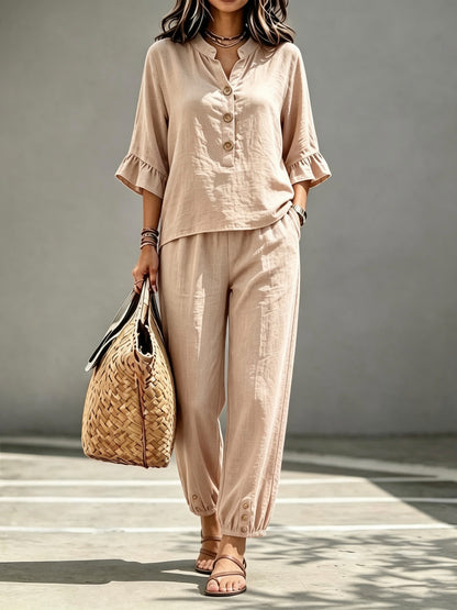 Women’s 2-Piece Casual V-Neck Top & Cropped Wide-Leg Pants Set – Retro Office Outfit