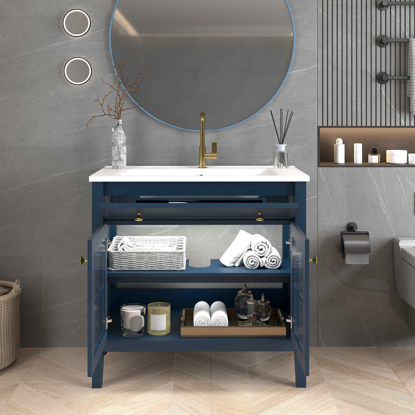 35.6" Mid-Century Bathroom Vanity with Sink – Blue Farmhouse Storage Cabinet