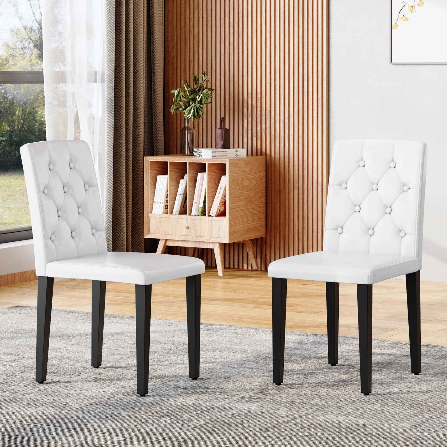 White PU Dining Chairs Set of 2 – Ergonomic Buckle Backrest with Black Metal Legs, Modern Upholstered Kitchen & Dining Chairs (Deliver to United States Only)