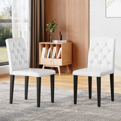 White PU Dining Chairs Set of 2 – Ergonomic Buckle Backrest with Black Metal Legs, Modern Upholstered Kitchen & Dining Chairs (Deliver to United States Only)
