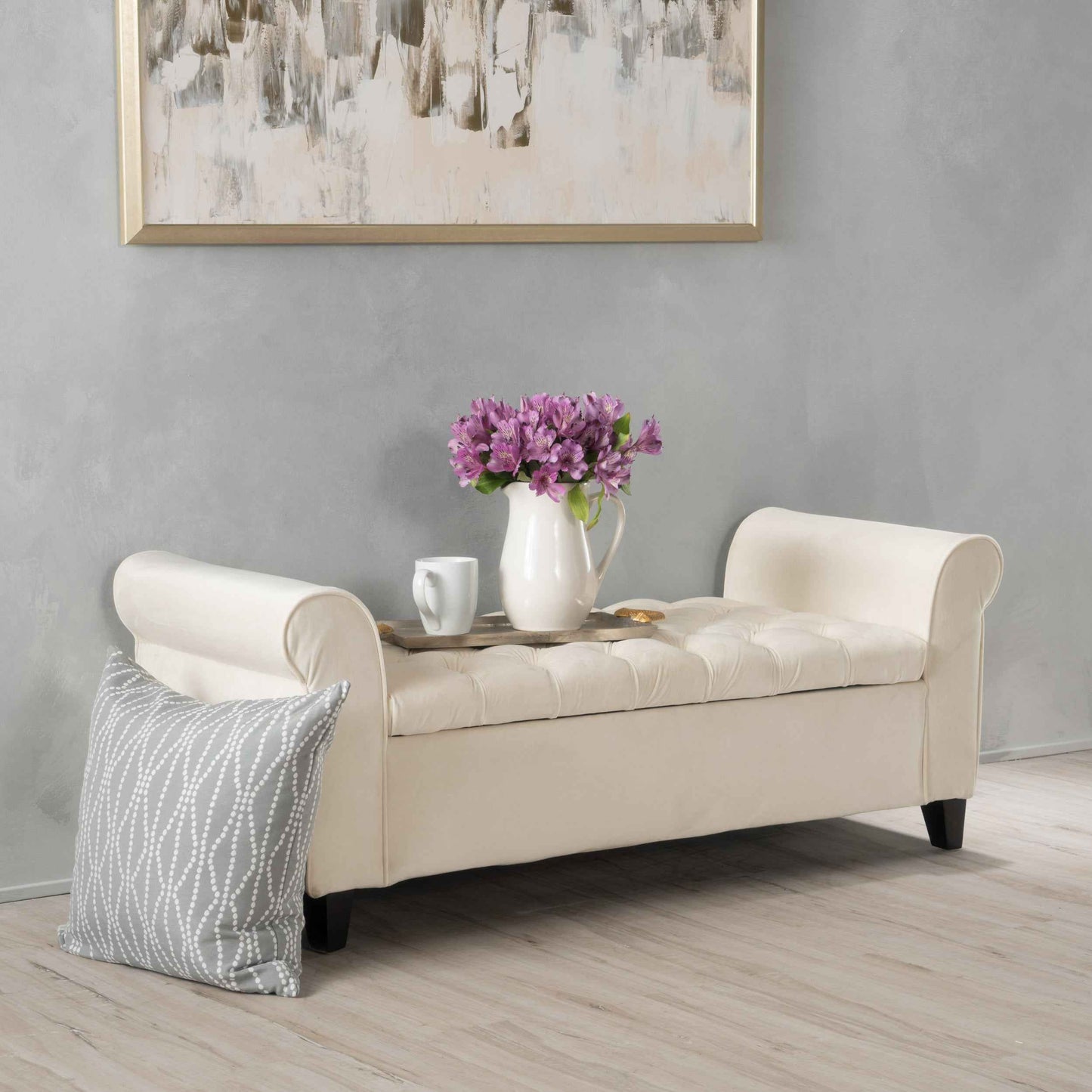50" Ivory Tufted Storage Bench with Rolled Arms – Upholstered Entryway, Bedroom & Living Room Bench