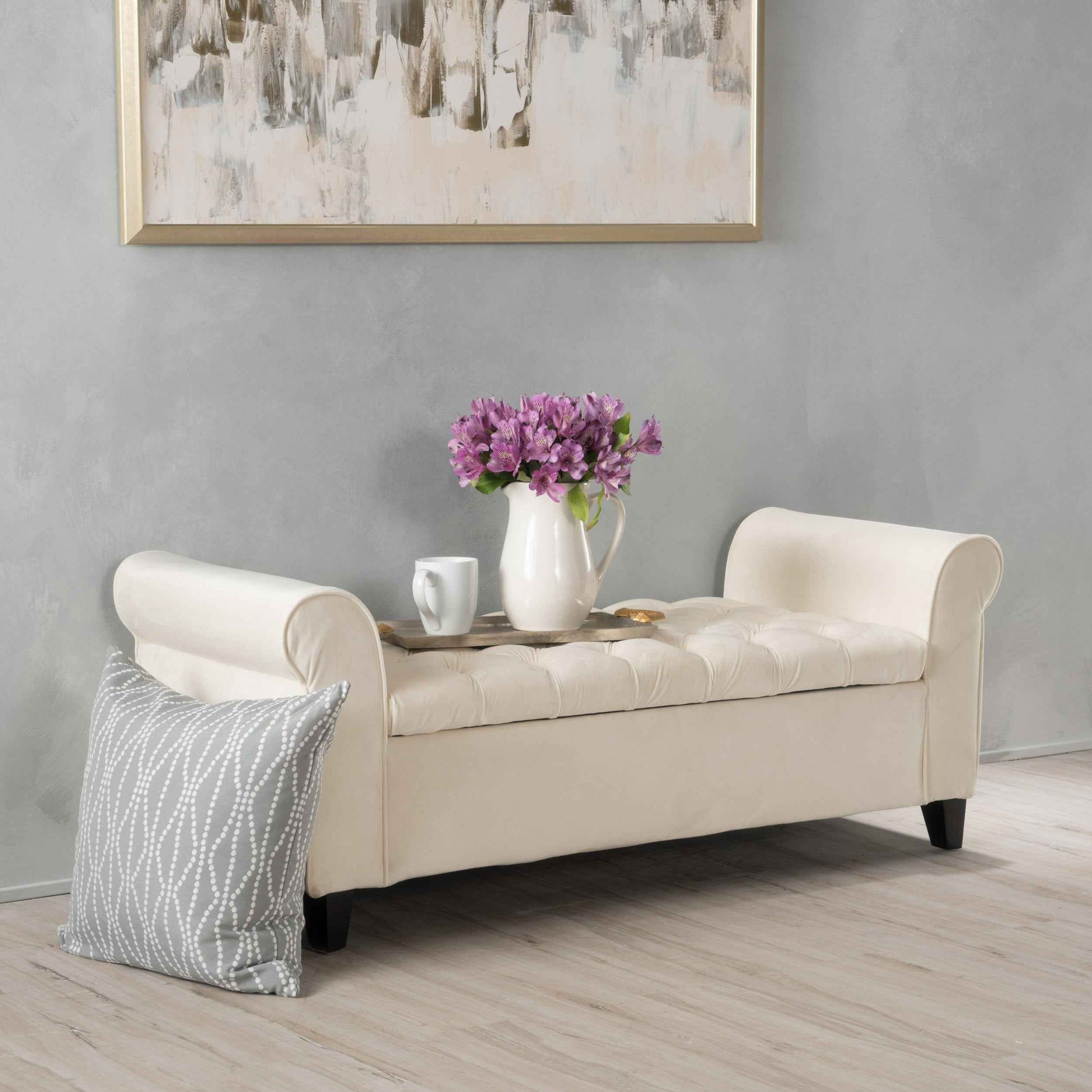 50" Ivory Tufted Storage Bench with Rolled Arms – Upholstered Entryway, Bedroom & Living Room Bench