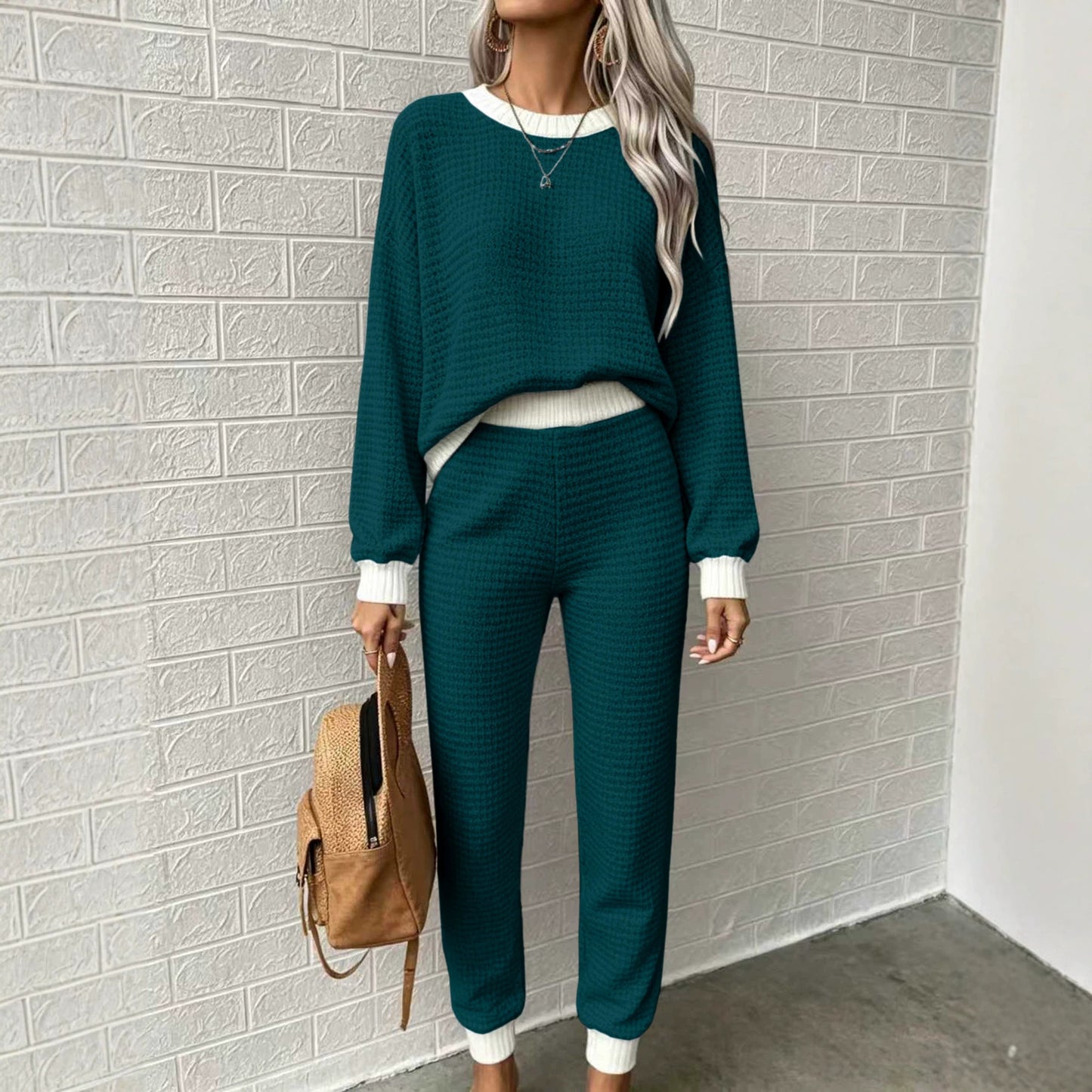 Women’s Waffle-Weave Sweatshirt & Pants Set – Casual Drawstring Crew-Neck Long-Sleeve Loungewear