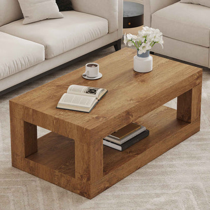 Modern 2-Tier Coffee Table with Open Storage Shelf – Rectangular Wood Center Table for Living Room, 250 lb Capacity (Deliver to United States Only)