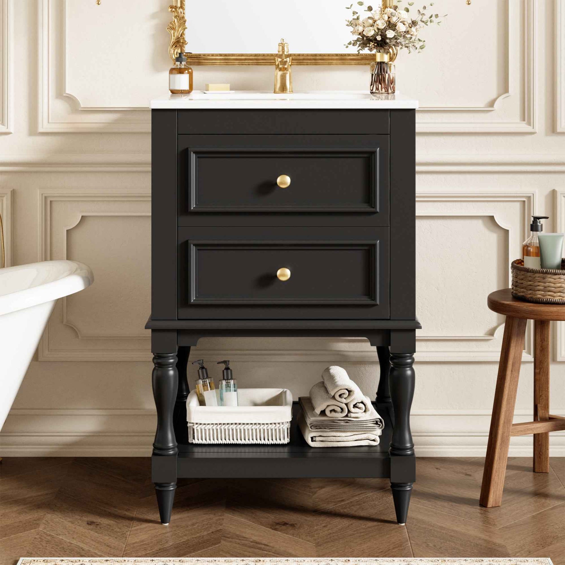 20 Inch Black Bathroom Vanity with Ceramic Sink – Retro Freestanding Cabinet with 2 Drawers