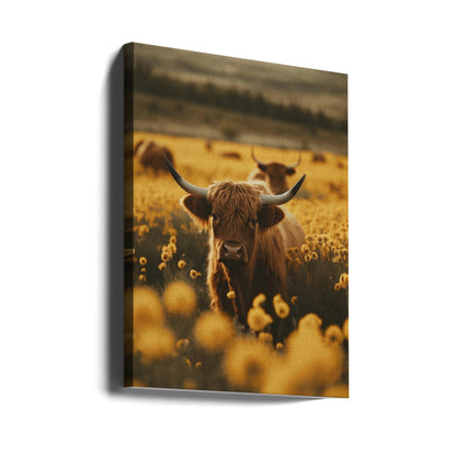Wall Art Highland Cows In Flower Field