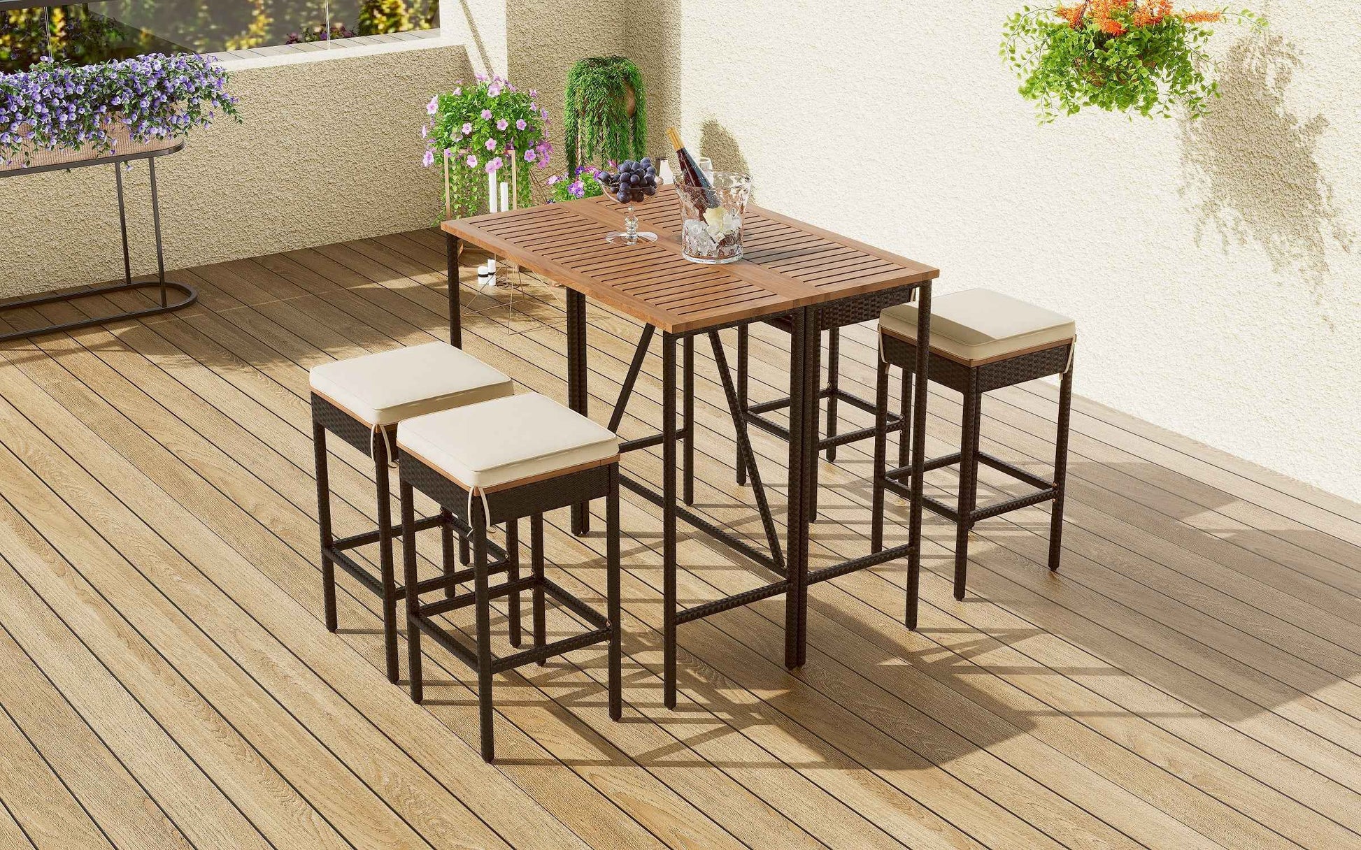 5-Piece Outdoor Acacia Wood Bar Table Set with 4 Cushioned Stools – PE Rattan Patio Dining Bistro Set ( Deliver To United States Only)