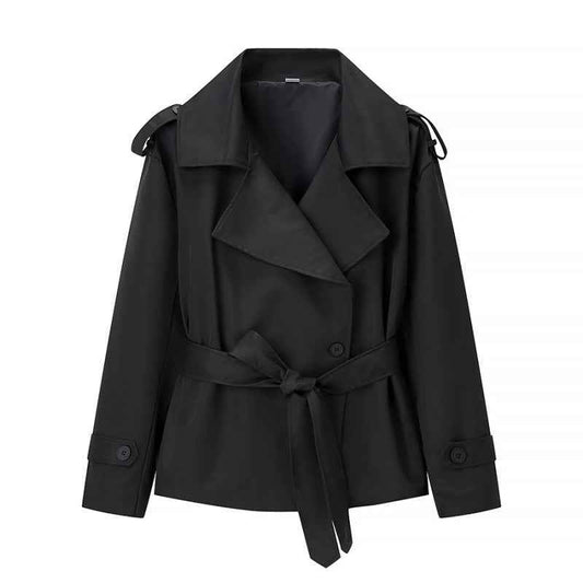 Women’s Solid Color Belted Short Trench Coat – European Style Cropped Jacket with Waist Tie