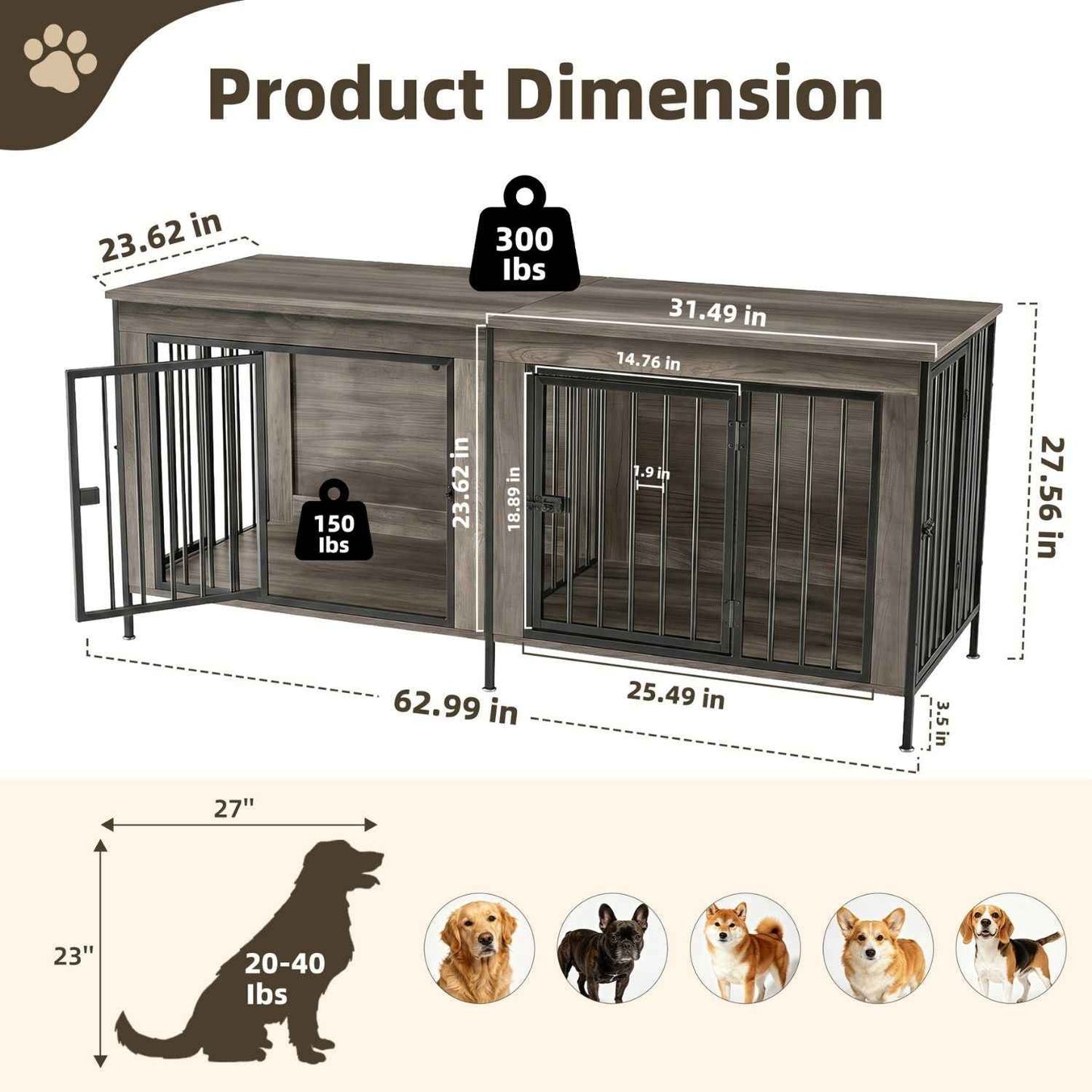 Extra Large Double Dog Crate Furniture with Divider – Heavy Duty Wooden Pet Kennel TV Stand & End Table