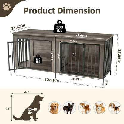 Extra Large Double Dog Crate Furniture with Divider – Heavy Duty Wooden Pet Kennel TV Stand & End Table