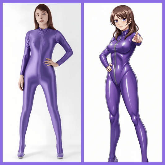 Extra Long Front Triple-Zipper Spandex Nylon Full Bodysuit Zentai Shinny Jumpsuit