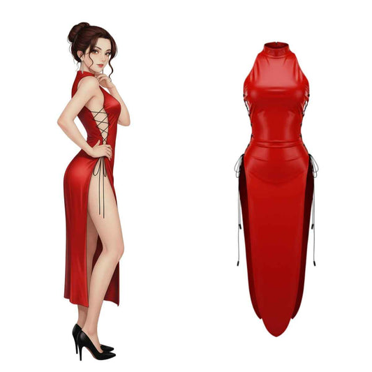 Vintage PU Leather Satin Cheongsam Lingerie Sexy Party Dress Costume