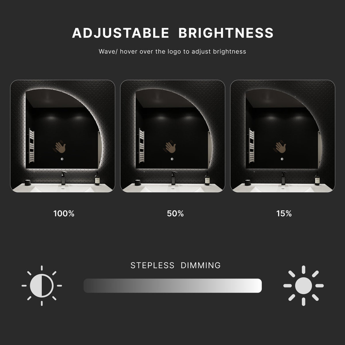 Semi-Circle LED Bathroom Mirror, Stepless Dimming, Tempered Glass – 32"x32" / 36"x36" / 42"x42"