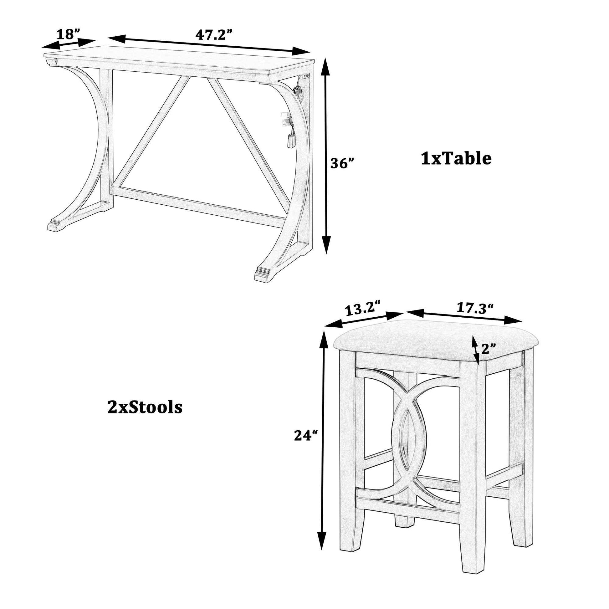 Farmhouse 3-Piece Counter Height Dining Set – White Solid Wood Table with Upholstered Stools & USB Port