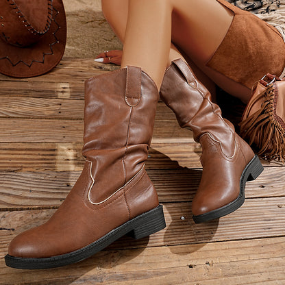 Women's Mid-Calf Fashion Boots – Pointed Toe Block Heel PU Leather Boots
