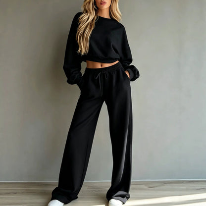 Women’s Casual Hooded Sweatshirt & Wide-Leg Pants Set – Long-Sleeve Two-Piece Sports Outfit