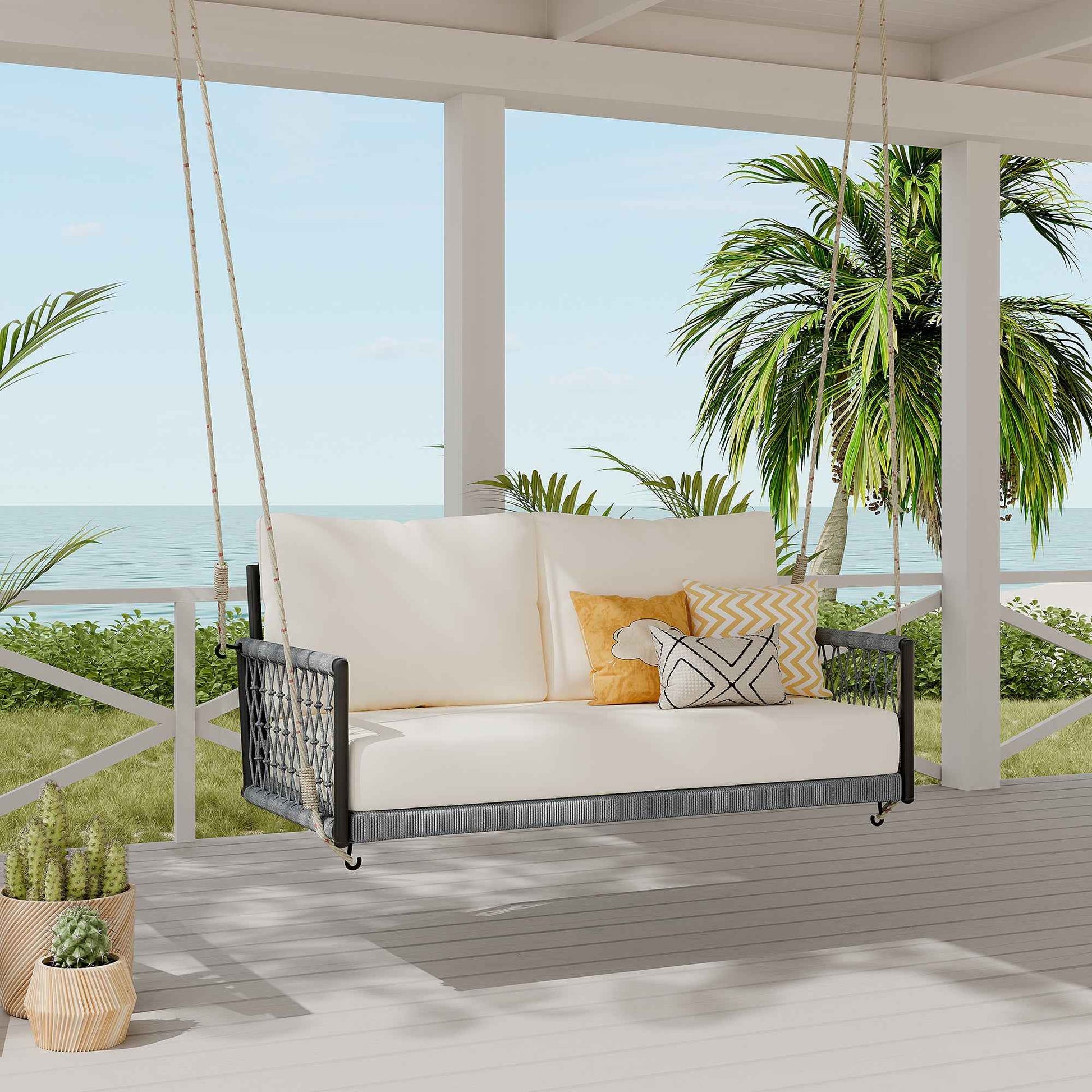 TREXM 2-Person Outdoor Swing Sofa – Woven Rope Patio Hanging Loveseat with Soft Beige Cushions (Deliver to United States Only)