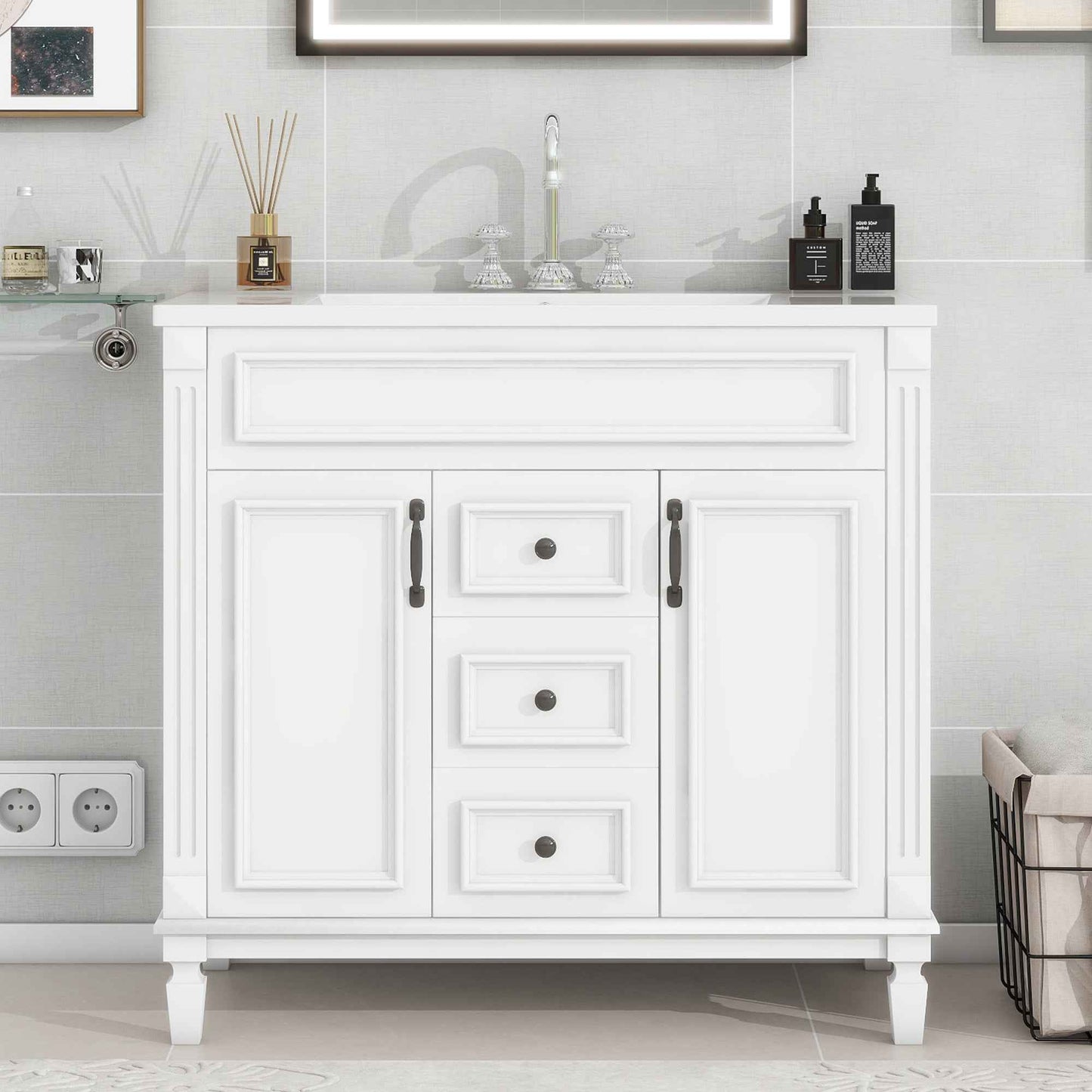 36-Inch White Bathroom Vanity with Ceramic Sink – Modern Storage Cabinet with 2 Soft-Close Doors & 2 Drawers