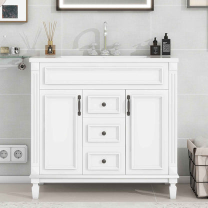 36-Inch White Bathroom Vanity with Ceramic Sink – Modern Storage Cabinet with 2 Soft-Close Doors & 2 Drawers