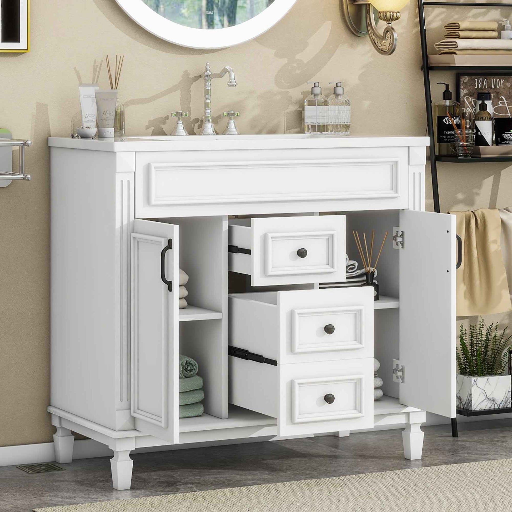 36-Inch White Bathroom Vanity with Ceramic Sink – Modern Storage Cabinet with 2 Soft-Close Doors & 2 Drawers