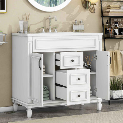 36-Inch White Bathroom Vanity with Ceramic Sink – Modern Storage Cabinet with 2 Soft-Close Doors & 2 Drawers