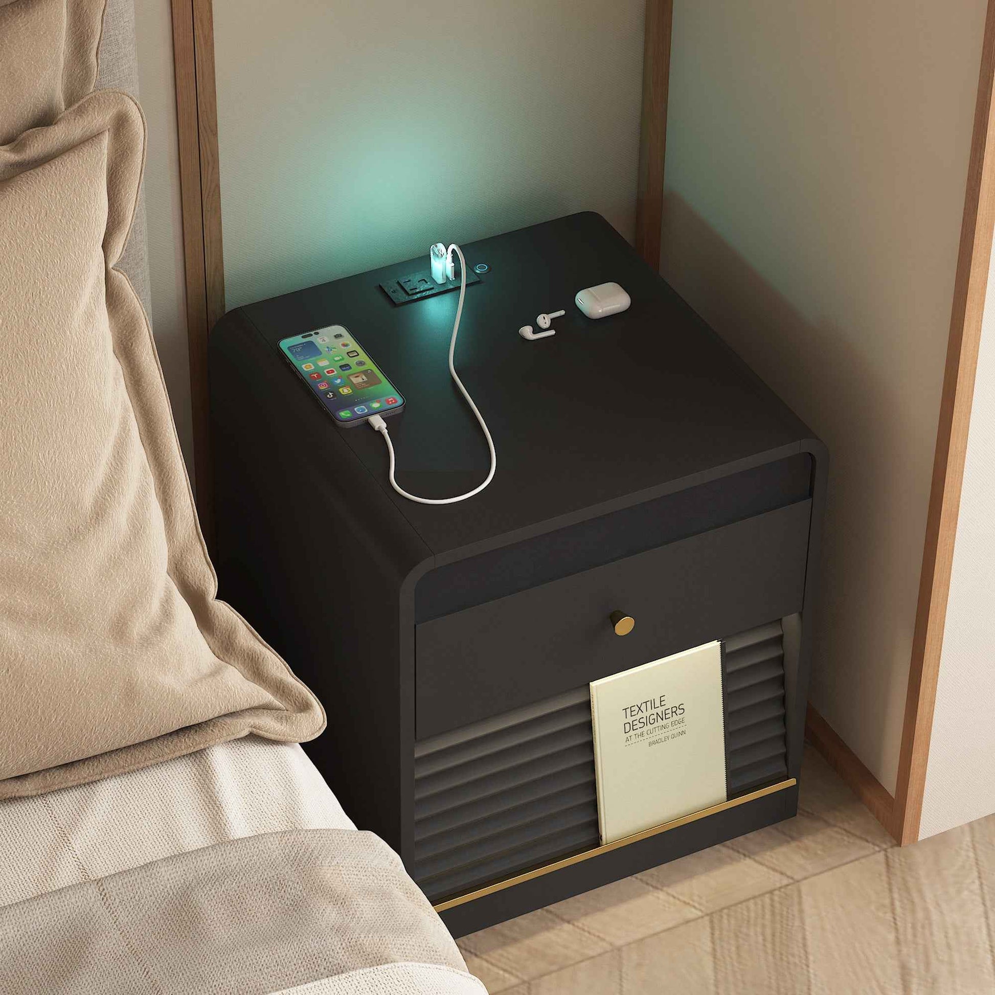 Black Smart Nightstand with Charging Station & LED Night Light – Bedside Table with Storage Cabinet