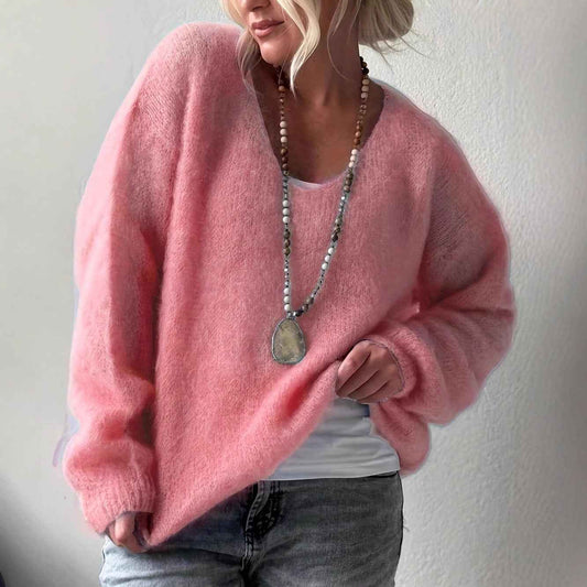 Women’s Solid Color Loose-Fit Pullover Sweater – Casual Relaxed Knit Top (US Delivery Only)
