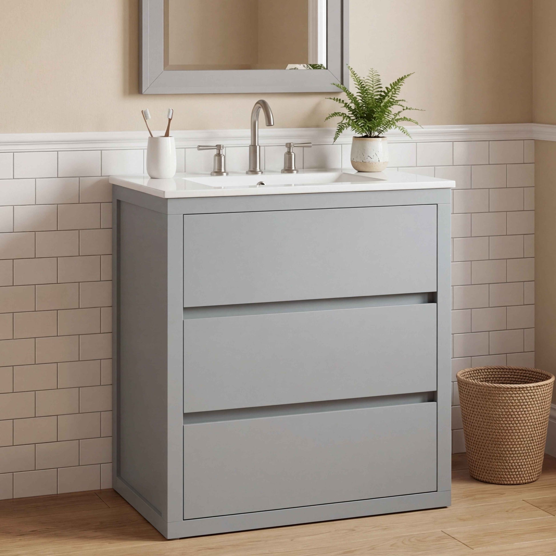 30" Gray Bathroom Vanity with Ceramic Sink – Freestanding Cabinet with 2 Soft-Close Drawers