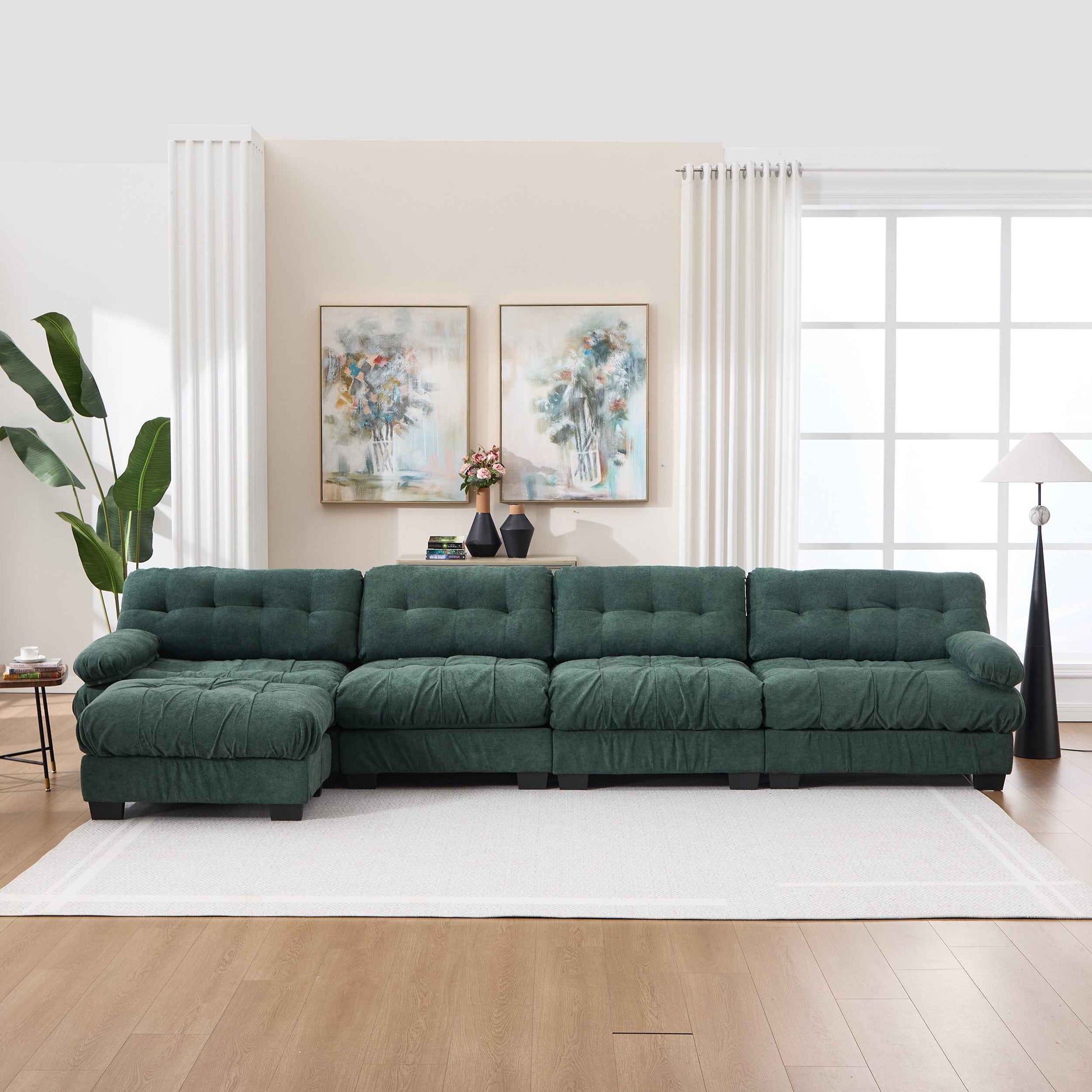 Green Modular Cloud Sectional Sofa – L-Shaped 5-Seat Deep Seat Flannelette Couch with Pillows