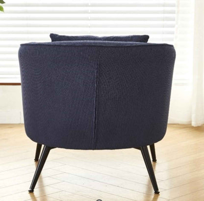 Velvet Accent Chair with Pillow – Modern Upholstered Barrel Armchair with Metal Legs, Blue (US Delivery Only)