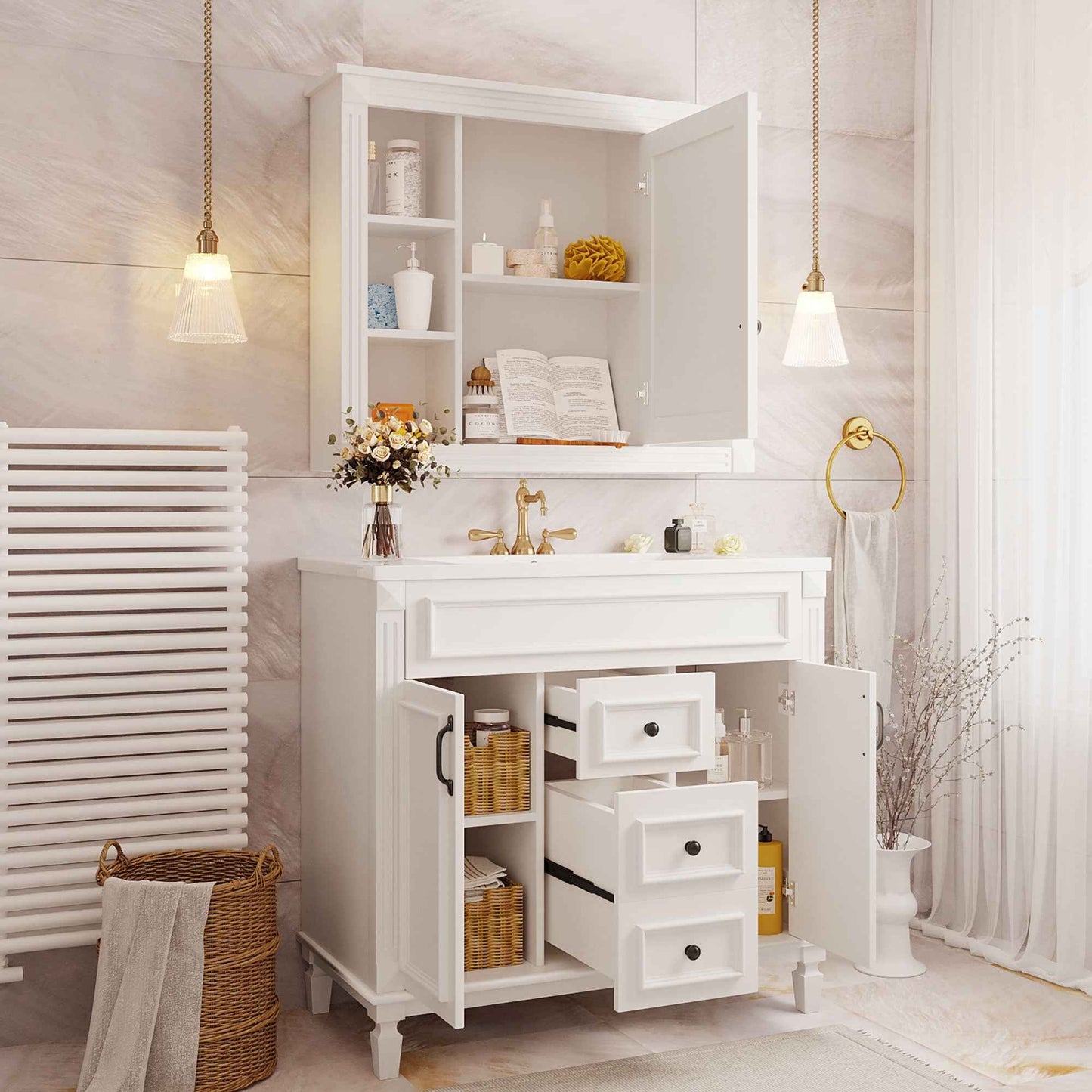 36-Inch White Bathroom Vanity with Sink & Mirror Cabinet – Modern Storage Vanity with Soft-Close Doors