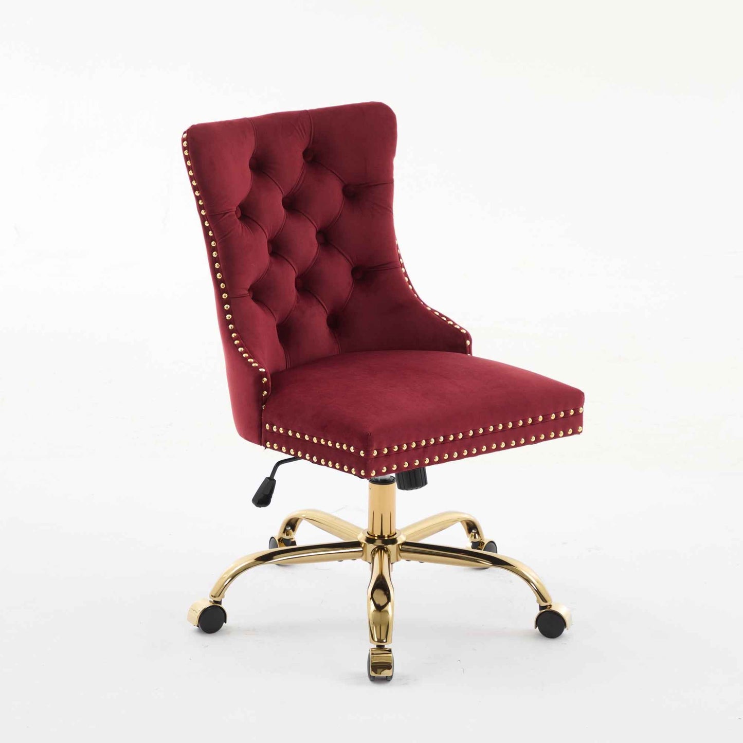 Wine Red Velvet Tufted Office Chair – Upholstered Swivel Desk Chair with Gold Metal Base (Deliver to United States Only)