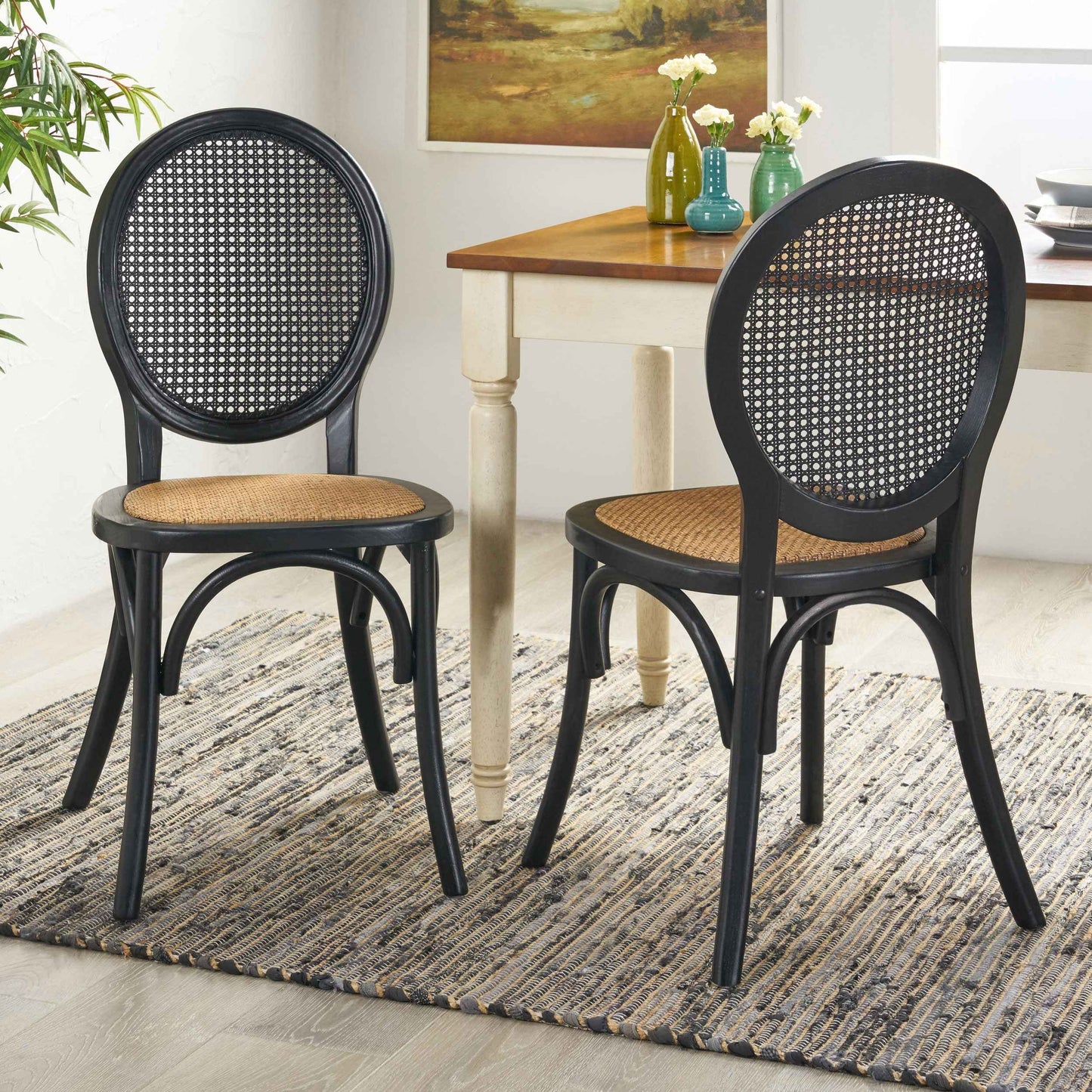 Set of 2 Matte Black Rattan Dining Chairs – Modern Woven Accent Chairs for Kitchen & Dining Room (Deliver to United States Only)