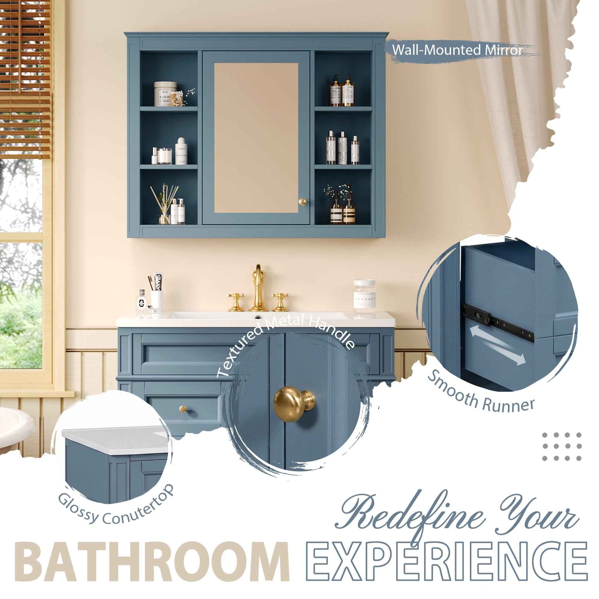 36-Inch Indigo Blue Bathroom Vanity with Medicine Cabinet – Modern Single Sink Vanity with Soft-Close Doors
