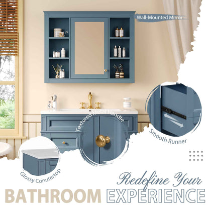36-Inch Indigo Blue Bathroom Vanity with Medicine Cabinet – Modern Single Sink Vanity with Soft-Close Doors