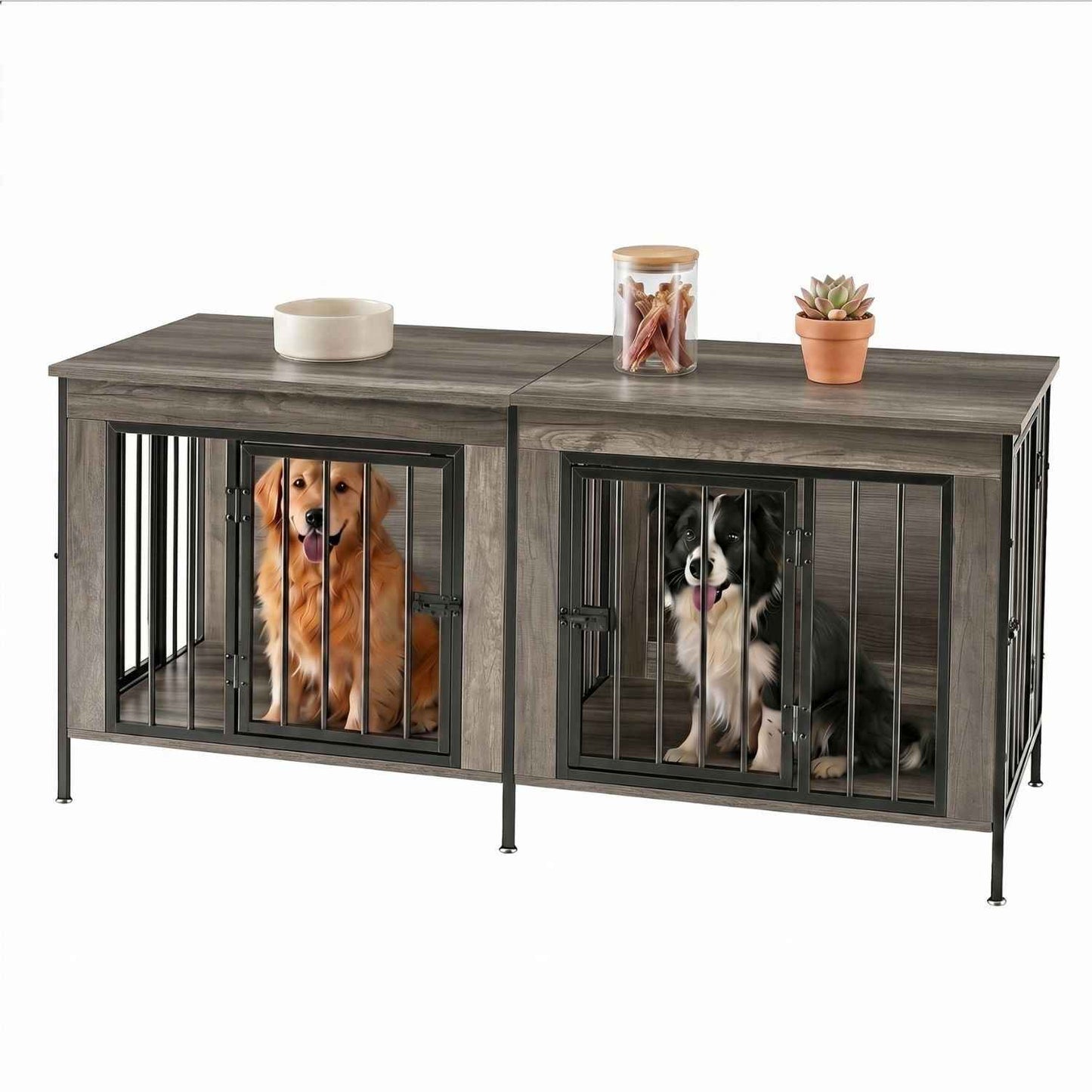 Extra Large Double Dog Crate Furniture with Divider – Heavy Duty Wooden Pet Kennel TV Stand & End Table