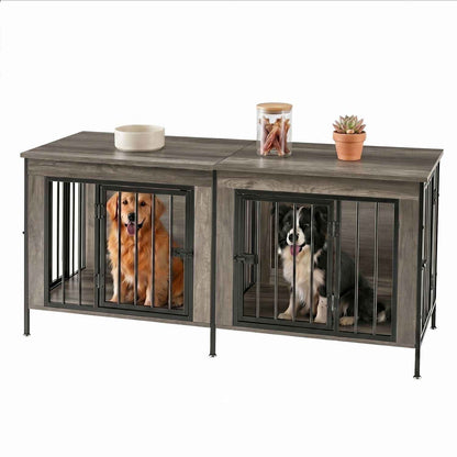 Extra Large Double Dog Crate Furniture with Divider – Heavy Duty Wooden Pet Kennel TV Stand & End Table