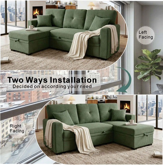 Dark Green Sleeper Sectional Sofa with Pull-Out Bed and Storage Chaise for Living Room (United States Delivery Only)