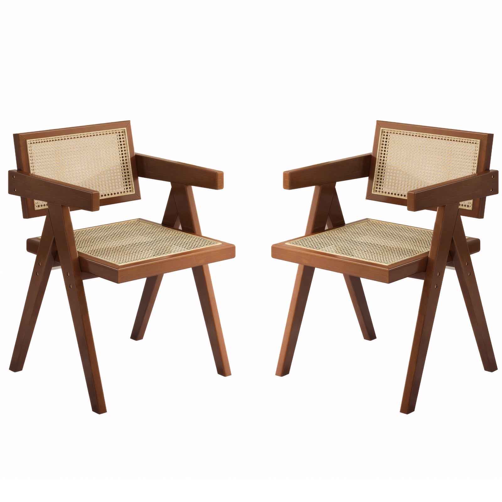 Modern Mid-Century Dining Chairs Set of 2 – Brown Rattan Accent Armchairs with Rubber Wood Frame (Deliver United States Only)