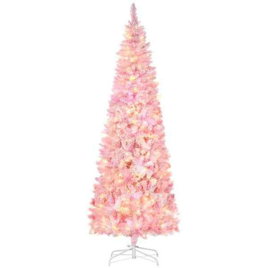 7.5-Foot Pink & White Flocked Pencil Christmas Tree – Pre-Lit with 700 Branches & Warm White LEDs (United States & Canada Delivery Only)