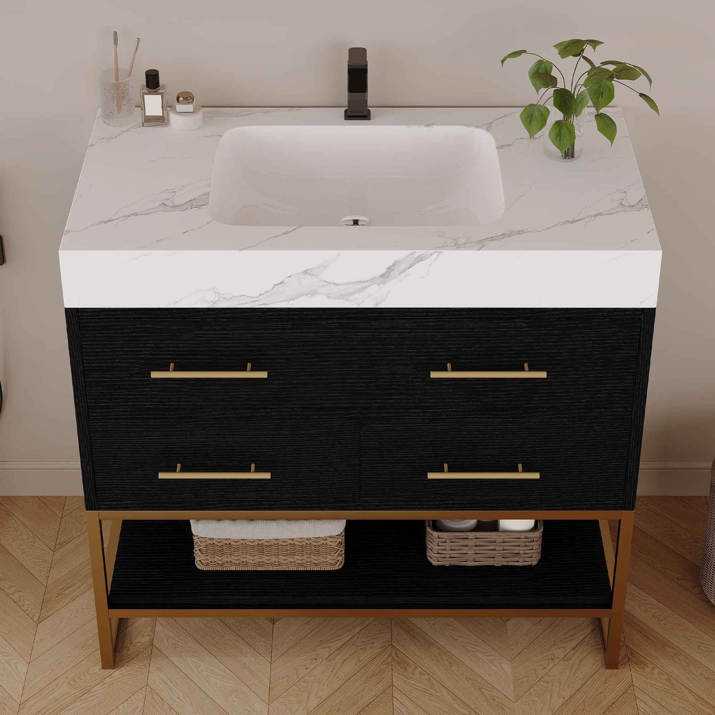 36" Artificial Stone Bathroom Vanity with Ceramic Sink – Soft-Close Drawers & Open Shelves
