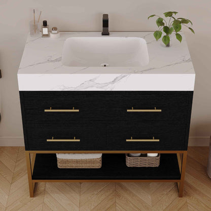 36" Artificial Stone Bathroom Vanity with Ceramic Sink – Soft-Close Drawers & Open Shelves