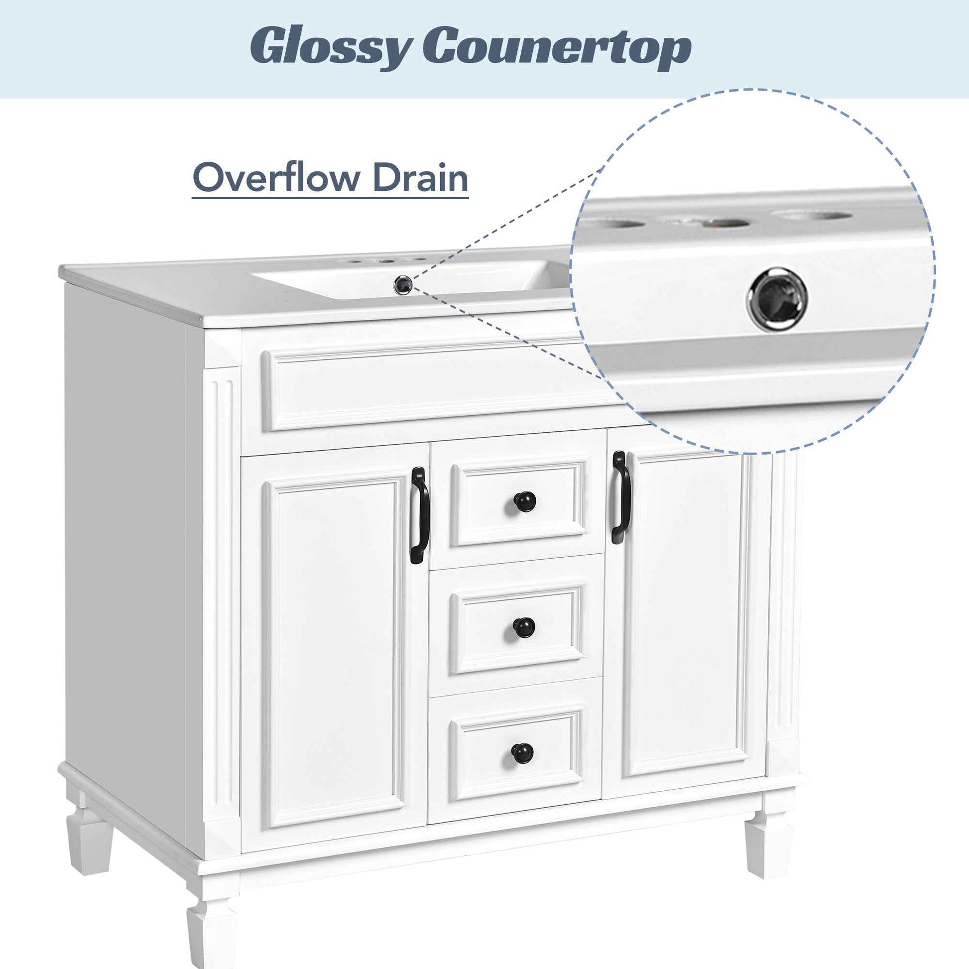 36-Inch White Bathroom Vanity with Ceramic Sink – Modern Storage Cabinet with 2 Soft-Close Doors & 2 Drawers