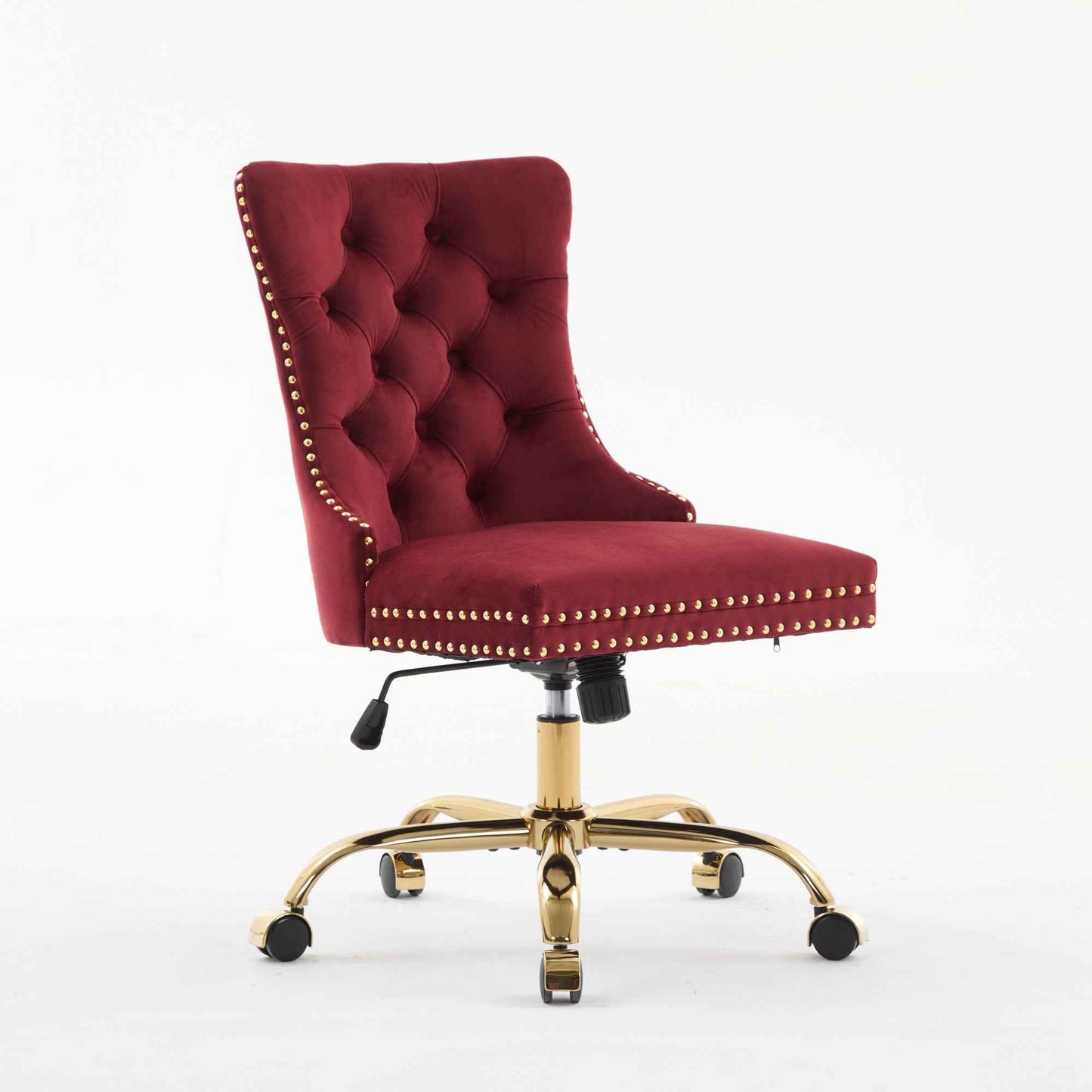 Wine Red Velvet Tufted Office Chair – Upholstered Swivel Desk Chair with Gold Metal Base (Deliver to United States Only)